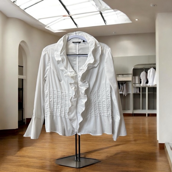 EUC- Samuel Dong- Dbl Zip Smocked Wire Neckline Front Ruffles White Top- M - Picture 4 of 15